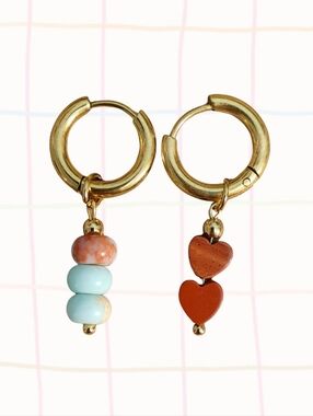 Gold Hoop Drop Earrings with Coral Hearts and Pastel Beads